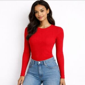 Red Ribbed Long Sleeve Knit Top Women’s Small Polyester Stretch